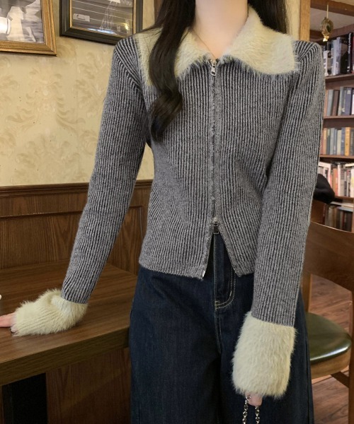 Miniministore(ミニミニストア)の「ダブルジップニットカーディガンショート丈(ニット/セーター・レディース・ダークグレー/キャメル/スモークピンク・FREE)」の21枚目の写真