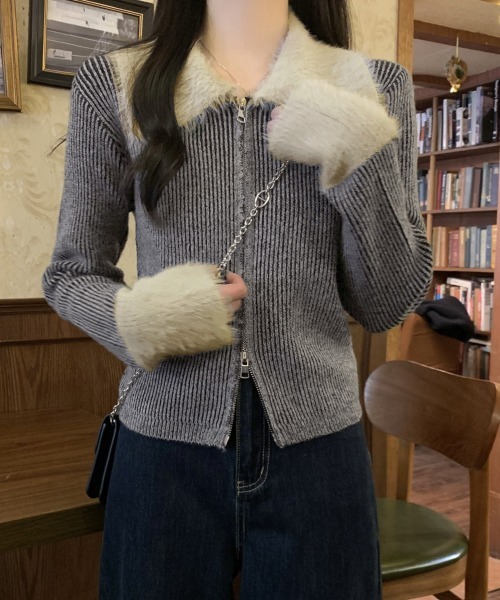 Miniministore(ミニミニストア)の「ダブルジップニットカーディガンショート丈(ニット/セーター・レディース・ダークグレー/キャメル/スモークピンク・FREE)」の20枚目の写真