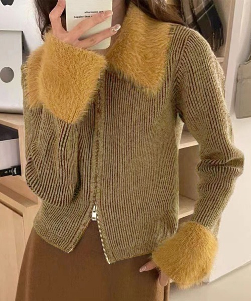 Miniministore(ミニミニストア)の「ダブルジップニットカーディガンショート丈(ニット/セーター・レディース・ダークグレー/キャメル/スモークピンク・FREE)」の14枚目の写真