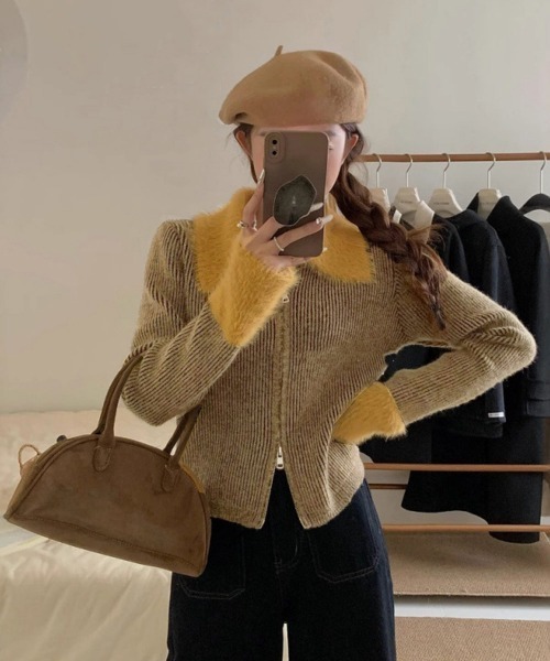 Miniministore(ミニミニストア)の「ダブルジップニットカーディガンショート丈(ニット/セーター・レディース・ダークグレー/キャメル/スモークピンク・FREE)」の12枚目の写真