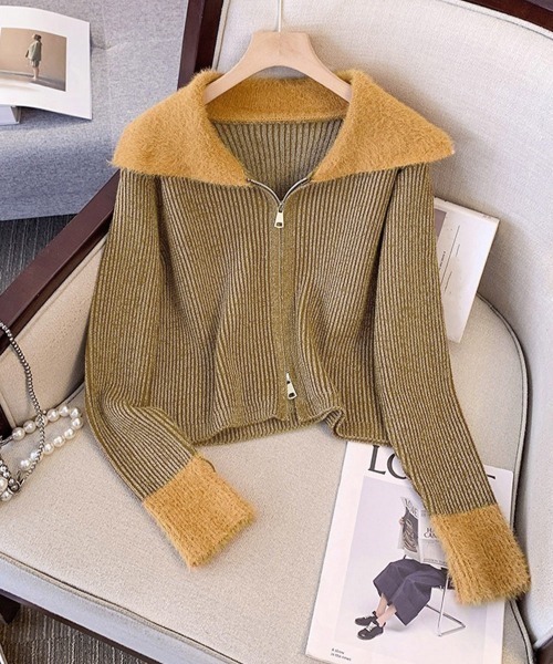 Miniministore(ミニミニストア)の「ダブルジップニットカーディガンショート丈(ニット/セーター・レディース・ダークグレー/キャメル/スモークピンク・FREE)」の8枚目の写真