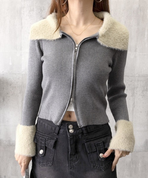 Miniministore(ミニミニストア)の「ダブルジップニットカーディガンショート丈(ニット/セーター・レディース・ダークグレー/キャメル/スモークピンク・FREE)」の5枚目の写真