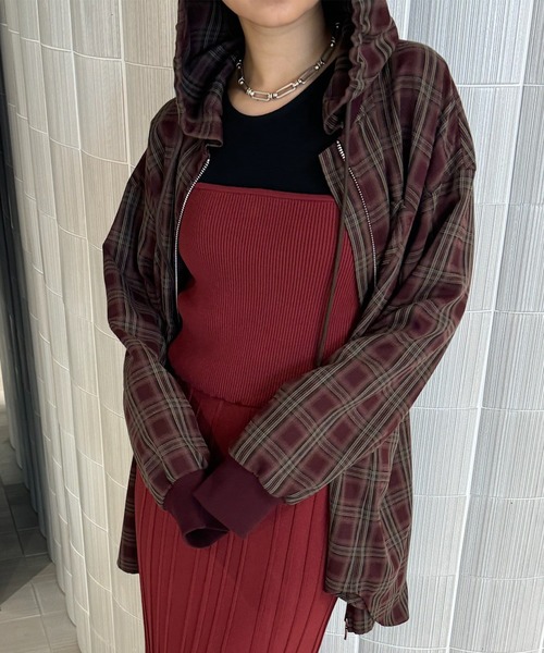 Ameri(アメリ)の「ZIP UP HOODIE CHECK SHIRT(シャツ/ブラウス・レディース・ベージュ/ボルドー・FREE)」の2枚目の写真