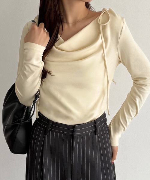 callautia（カラウティア）の「薄手2way肩リボンドレープトップス（Tシャツ/カットソー・レディース・ブラック/杢グレー/クリーム/チャコール/ホワイト・SMALL/MEDIUM/LARGE/X-LARGE）」の5枚目の写真