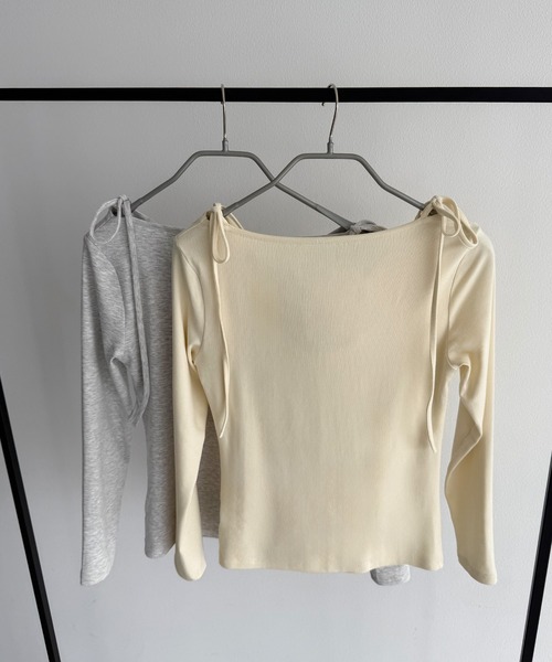 callautia（カラウティア）の「薄手2way肩リボンドレープトップス（Tシャツ/カットソー・レディース・ブラック/杢グレー/クリーム/チャコール/ホワイト・SMALL/MEDIUM/LARGE/X-LARGE）」の6枚目の写真
