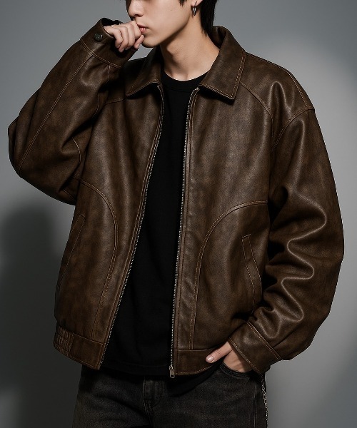 セール】【Korea Select】 ウォッシュドフェイクレザージャケット（CN