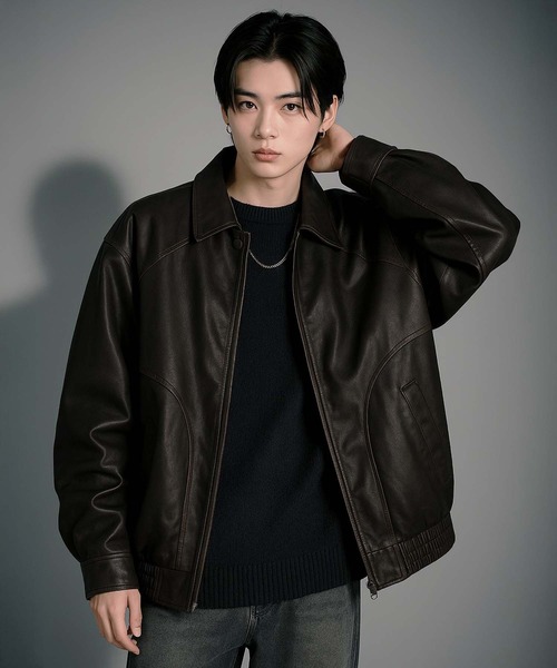 VIBGYOR（ヴィブジョー）の「【Korea Select】 ウォッシュドフェイクレザージャケット（CN）（ブルゾン・メンズ・ブラウン/ブラック・FREE）」の2枚目の写真