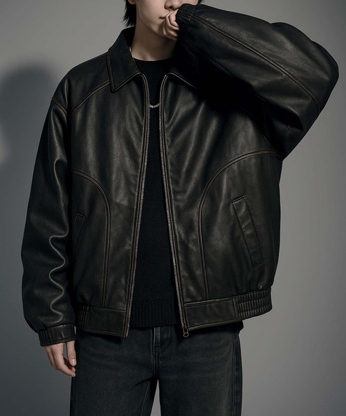 セール】【Korea Select】 ウォッシュドフェイクレザージャケット（CN