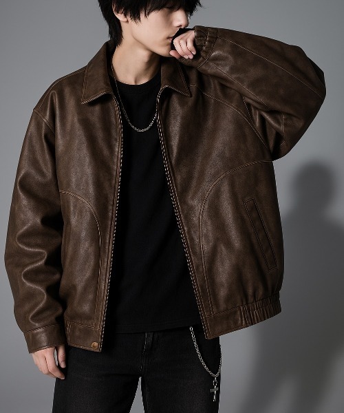 セール】【Korea Select】 ウォッシュドフェイクレザージャケット（CN