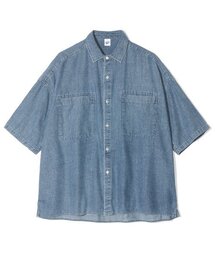 ストーンウォッシングデニムバクシーオーバーフィットハーフシャツブルー