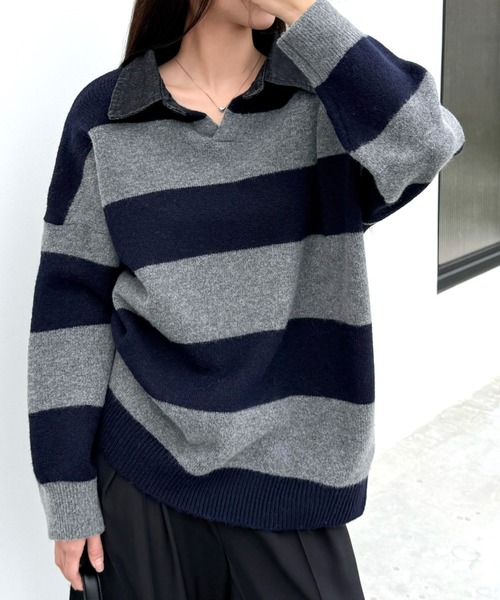 SHEENA(シーナ)の「デニムポロ襟ラガーニット(ニット/セーター・レディース・ブラック/ダークブラウン/ネイビー・M)」の3枚目の写真