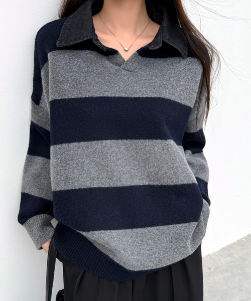 SHEENA(シーナ)の「デニムポロ襟ラガーニット(ニット/セーター・レディース・ブラック/ダークブラウン/ネイビー・M)」の13枚目の写真