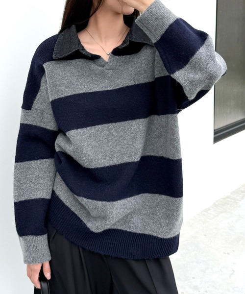 SHEENA(シーナ)の「デニムポロ襟ラガーニット(ニット/セーター・レディース・ブラック/ダークブラウン/ネイビー・M)」の9枚目の写真