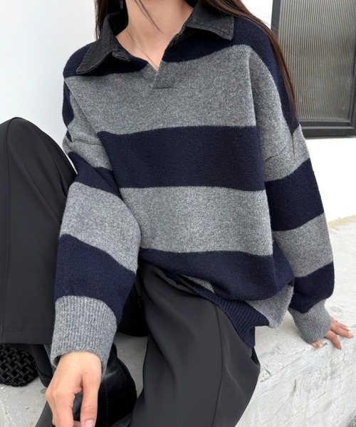 SHEENA(シーナ)の「デニムポロ襟ラガーニット(ニット/セーター・レディース・ブラック/ダークブラウン/ネイビー・M)」の8枚目の写真