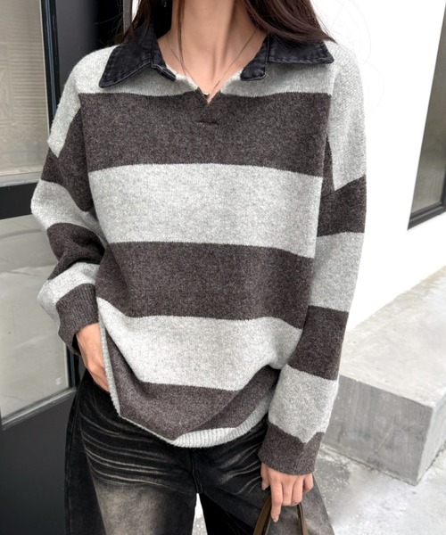 SHEENA(シーナ)の「デニムポロ襟ラガーニット(ニット/セーター・レディース・ブラック/ダークブラウン/ネイビー・M)」の17枚目の写真