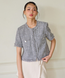 Tassel Tweed Short Sleeve Jacket_ Gray