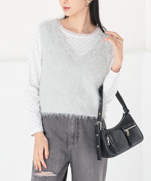 Honeys（ハニーズ）の「フェザーヤーンベスト（ベスト・レディース・ミント/グレー/アイボリー/ブラック・L/M）」の4枚目の写真