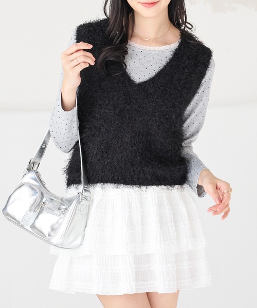 Honeys（ハニーズ）の「フェザーヤーンベスト（ベスト・レディース・ミント/グレー/アイボリー/ブラック・L/M）」の2枚目の写真