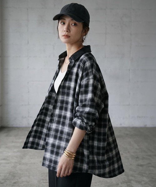 STYLE DELI(スタイルデリ)の「【BLK001】フェイクレザーカラーチェックシャツ(シャツ/ブラウス・レディース・レッド/ブラック・FREE)」の20枚目の写真