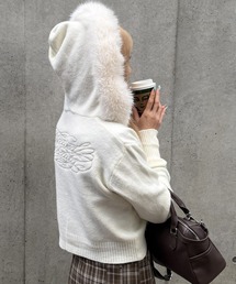 Embroidered fur knit hoodie【JD】
