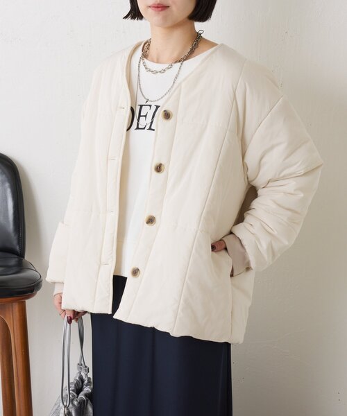 Jena espace merveilleux（ジェナ　エスパスメルヴェイユ）の「【軽量】キルティングラインジャケット（ノーカラージャケット・レディース・アイボリー/ブラウン・FREE）」の8枚目の写真