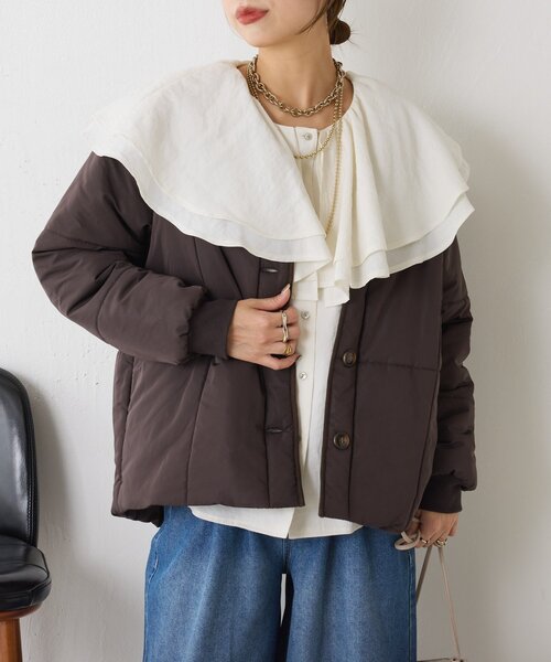 Jena espace merveilleux（ジェナ　エスパスメルヴェイユ）の「【軽量】キルティングラインジャケット（ノーカラージャケット・レディース・アイボリー/ブラウン・FREE）」の19枚目の写真