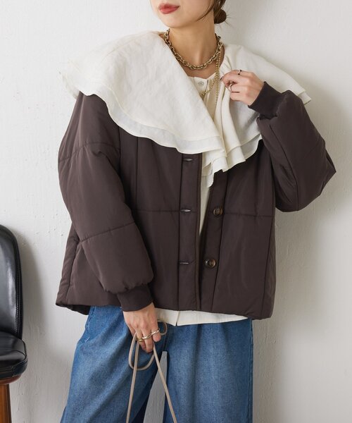 Jena espace merveilleux（ジェナ　エスパスメルヴェイユ）の「【軽量】キルティングラインジャケット（ノーカラージャケット・レディース・アイボリー/ブラウン・FREE）」の20枚目の写真