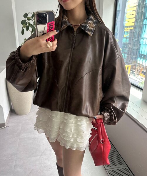 CIAOPANIC(チャオパニック)の「チェック襟チェックフェイクレザーバルーンショートブルゾン(その他アウター・レディース・アイボリー/イエロー/ブラウン・ONE SIZE)」の3枚目の写真