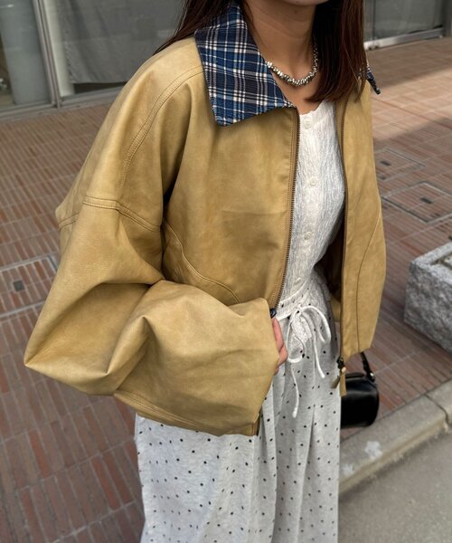 CIAOPANIC(チャオパニック)の「チェック襟チェックフェイクレザーバルーンショートブルゾン(その他アウター・レディース・アイボリー/イエロー/ブラウン・ONE SIZE)」の1枚目の写真