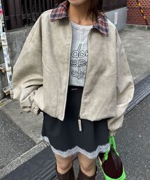 チェック襟チェックフェイクレザーバルーンショートブルゾン