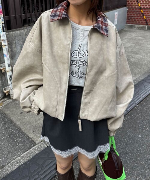 CIAOPANIC(チャオパニック)の「チェック襟チェックフェイクレザーバルーンショートブルゾン(その他アウター・レディース・アイボリー/イエロー/ブラウン・ONE SIZE)」の2枚目の写真