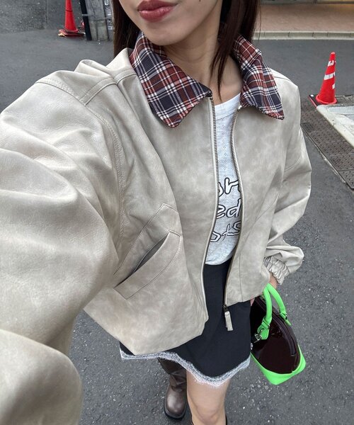 CIAOPANIC(チャオパニック)の「チェック襟チェックフェイクレザーバルーンショートブルゾン(その他アウター・レディース・アイボリー/イエロー/ブラウン・ONE SIZE)」の6枚目の写真