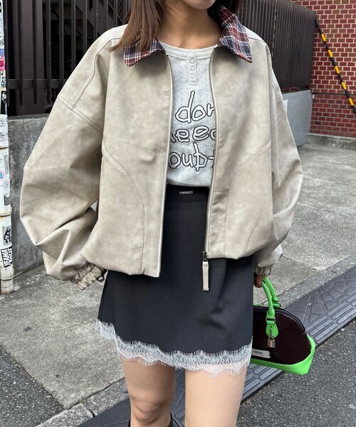 CIAOPANIC(チャオパニック)の「チェック襟チェックフェイクレザーバルーンショートブルゾン(その他アウター・レディース・アイボリー/イエロー/ブラウン・ONE SIZE)」の9枚目の写真