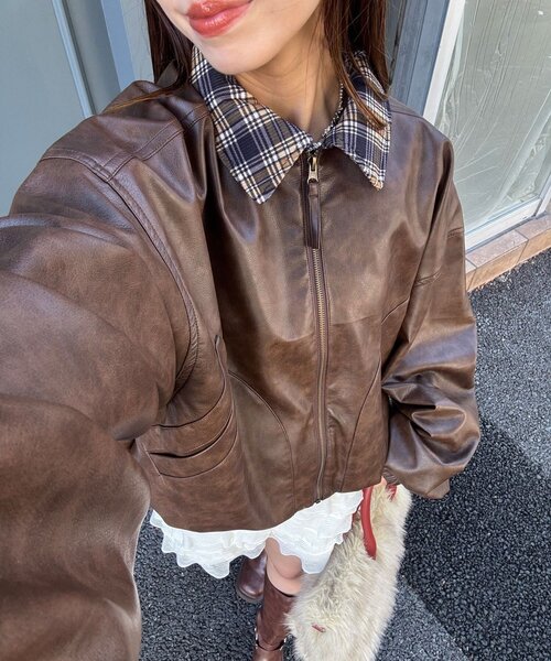 CIAOPANIC(チャオパニック)の「チェック襟チェックフェイクレザーバルーンショートブルゾン(その他アウター・レディース・アイボリー/イエロー/ブラウン・ONE SIZE)」の4枚目の写真