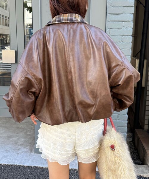 CIAOPANIC(チャオパニック)の「チェック襟チェックフェイクレザーバルーンショートブルゾン(その他アウター・レディース・アイボリー/イエロー/ブラウン・ONE SIZE)」の13枚目の写真