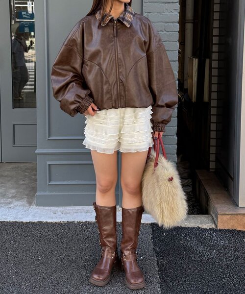 CIAOPANIC(チャオパニック)の「チェック襟チェックフェイクレザーバルーンショートブルゾン(その他アウター・レディース・アイボリー/イエロー/ブラウン・ONE SIZE)」の15枚目の写真