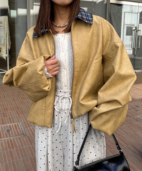 CIAOPANIC(チャオパニック)の「チェック襟チェックフェイクレザーバルーンショートブルゾン(その他アウター・レディース・アイボリー/イエロー/ブラウン・ONE SIZE)」の5枚目の写真