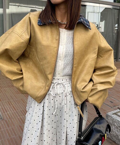 CIAOPANIC(チャオパニック)の「チェック襟チェックフェイクレザーバルーンショートブルゾン(その他アウター・レディース・アイボリー/イエロー/ブラウン・ONE SIZE)」の8枚目の写真