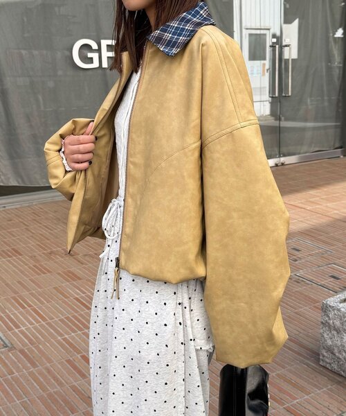 CIAOPANIC(チャオパニック)の「チェック襟チェックフェイクレザーバルーンショートブルゾン(その他アウター・レディース・アイボリー/イエロー/ブラウン・ONE SIZE)」の18枚目の写真