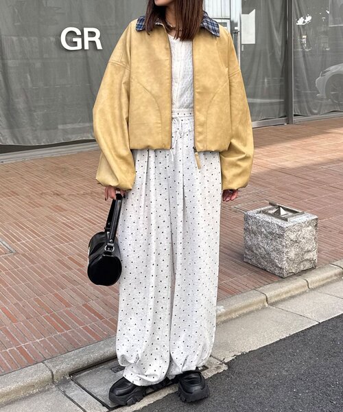 CIAOPANIC(チャオパニック)の「チェック襟チェックフェイクレザーバルーンショートブルゾン(その他アウター・レディース・アイボリー/イエロー/ブラウン・ONE SIZE)」の14枚目の写真