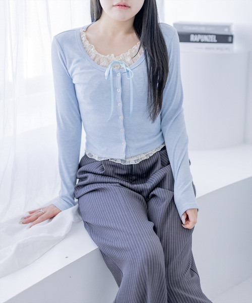 clear（クリア）の「フロントリボン付きレースレイヤードカットソー［大人 カジュアル 着回し力抜群 ガーリー］（Tシャツ/カットソー・レディース・サックスブルー/グレー/ピンク・F）」の2枚目の写真