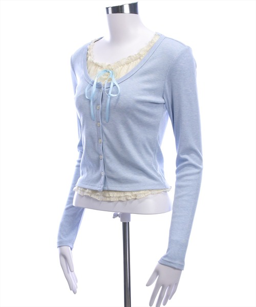 clear（クリア）の「フロントリボン付きレースレイヤードカットソー［大人 カジュアル 着回し力抜群 ガーリー］（Tシャツ/カットソー・レディース・サックスブルー/グレー/ピンク・F）」の8枚目の写真
