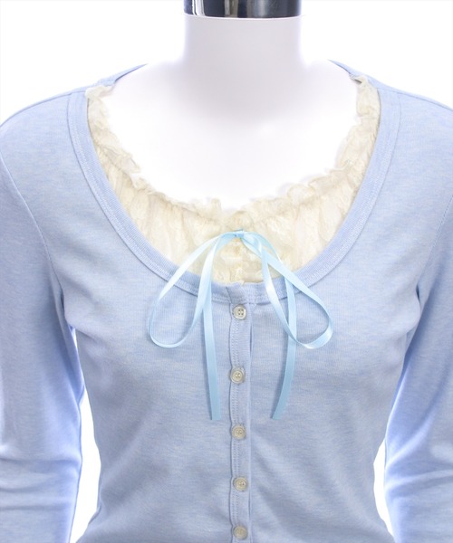 clear（クリア）の「フロントリボン付きレースレイヤードカットソー［大人 カジュアル 着回し力抜群 ガーリー］（Tシャツ/カットソー・レディース・サックスブルー/グレー/ピンク・F）」の12枚目の写真