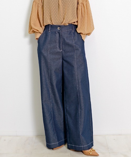 ハイウエスト センターシーム ワイドデニムパンツ / 美脚 脚長 ストレート レディースZOZO売れ筋型（CTR強い）