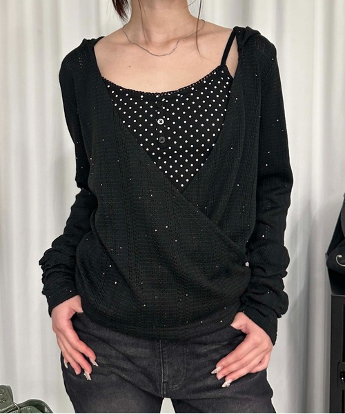 sedacle girl(セダクルガール)の「スパンコールシアーニットソー(Tシャツ/カットソー・レディース・ボルドー/ブラック・SMALL/MEDIUM)」の1枚目の写真