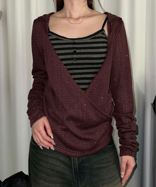 sedacle girl(セダクルガール)の「スパンコールシアーニットソー(Tシャツ/カットソー・レディース・ボルドー/ブラック・SMALL/MEDIUM)」の3枚目の写真