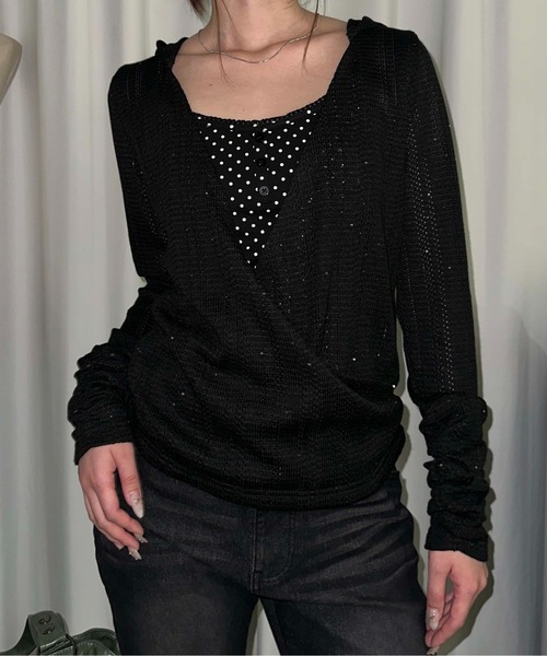 sedacle girl(セダクルガール)の「スパンコールシアーニットソー(Tシャツ/カットソー・レディース・ボルドー/ブラック・SMALL/MEDIUM)」の5枚目の写真