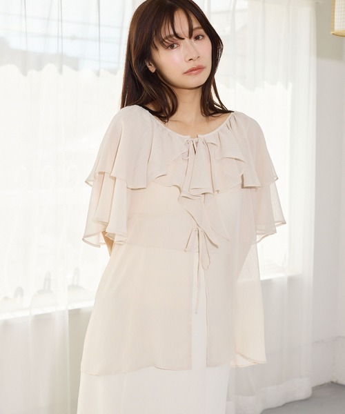 mysty woman(ミスティウーマン)の「フロントリボン楊柳フリルブラウス 666024(シャツ/ブラウス・レディース・ベージュ/ミント/アイボリー/ブラック・FREE)」の2枚目の写真