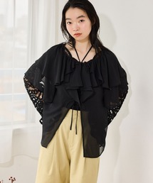 mysty woman | フロントリボン楊柳フリルブラウス 666024(シャツ/ブラウス)