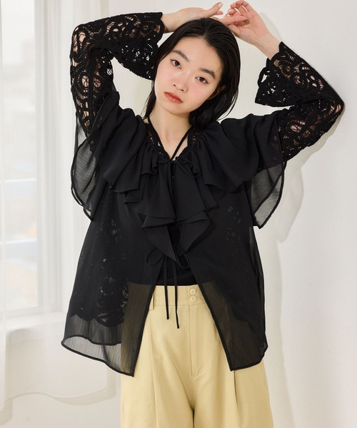 mysty woman(ミスティウーマン)の「フロントリボン楊柳フリルブラウス 666024(シャツ/ブラウス・レディース・ベージュ/ミント/アイボリー/ブラック・FREE)」の22枚目の写真